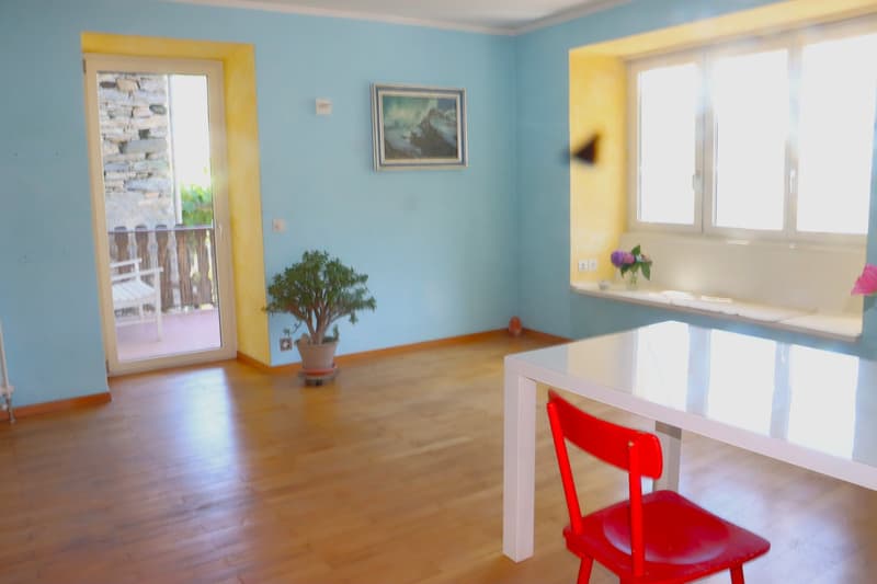 wooden floor, blue walls, yellow trim, glass door, balcony, picture frame, potted plant, white table, red chair, window with sill, flowers