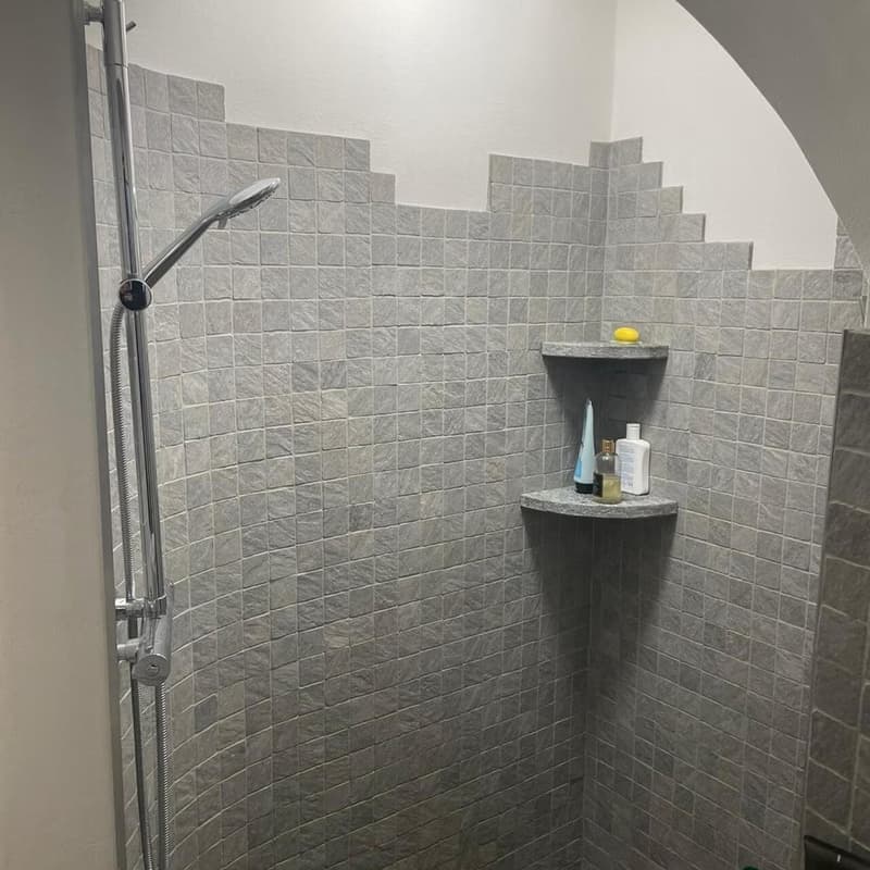 tiled shower area, gray tiles, small built-in shelf with personal care products, shower head and hose