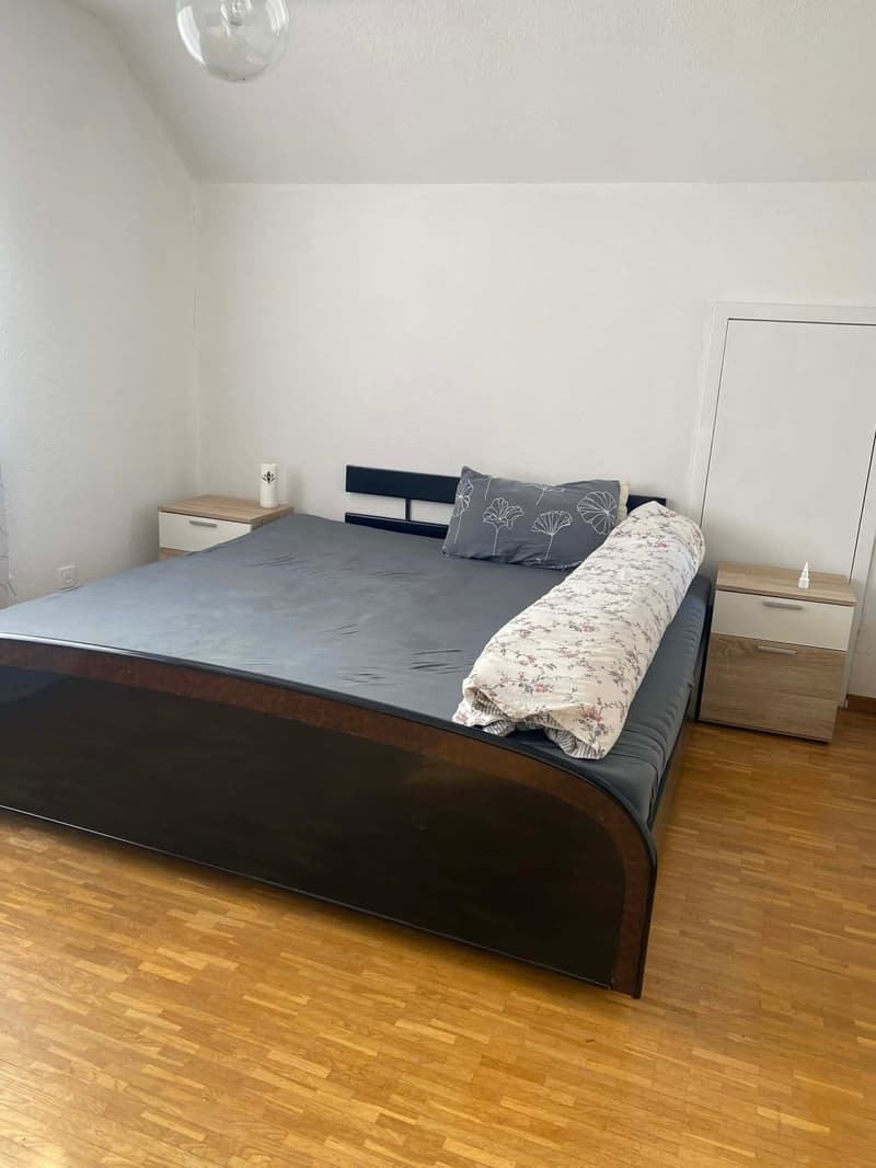 Bedroom with a double bed, wooden floor, white walls, two nightstands, and a ceiling lamp