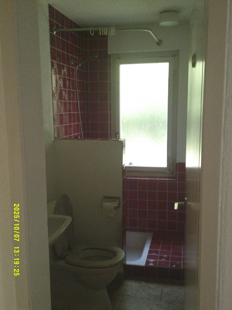 shower, bathtub, sink, toilet, tiled walls, small window