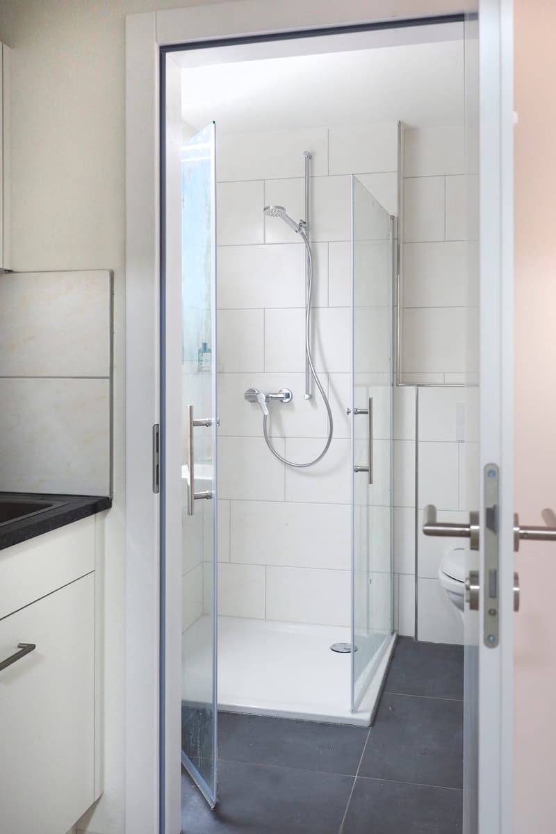 modern, white tiles, shower, sink, white shower door, silver metal fixtures
