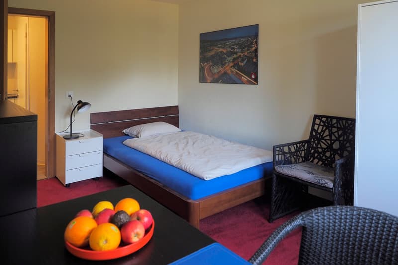 Single bed, desk with fruit bowl, bedside table with lamp, armchair, wall painting, wooden floor