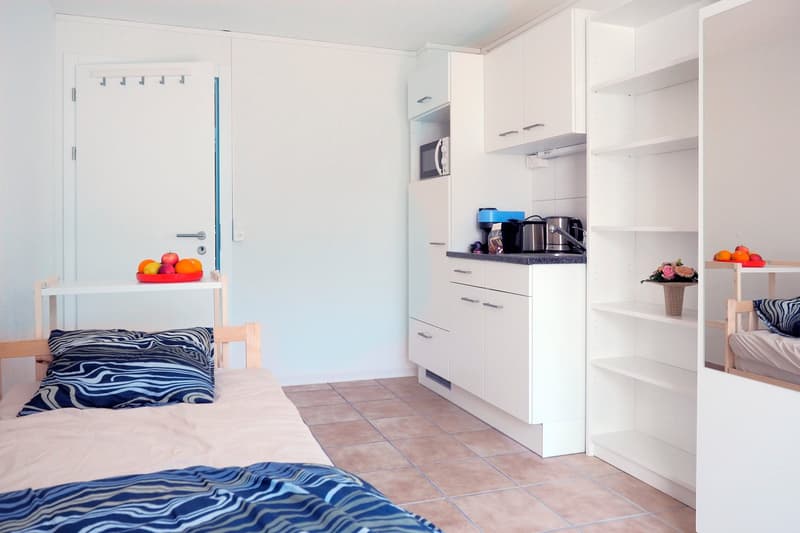 Single bed with blue pillow, bedsheet, white shelf with flowers, kitchen with kitchen appliances, tiled floor.