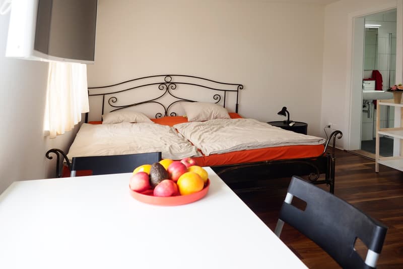 Bedroom with a double bed, TV, desk with chair, lamp, bathroom