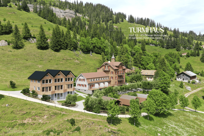 A multi-story hotel building with a traditional alpine architecture, surrounded by lush green hills and forests. The hotel appears to have balconies and terraces, offering scenic views of the natural landscape.