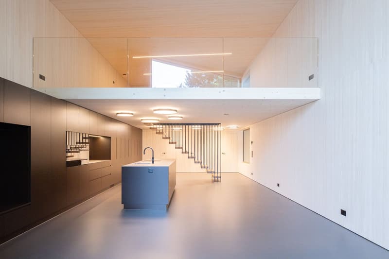 empty kitchen, open space, balcony on second floor