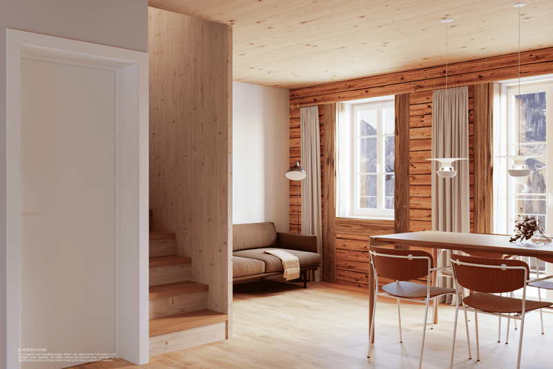 living room with couch, windows, table, chairs, wooden wall