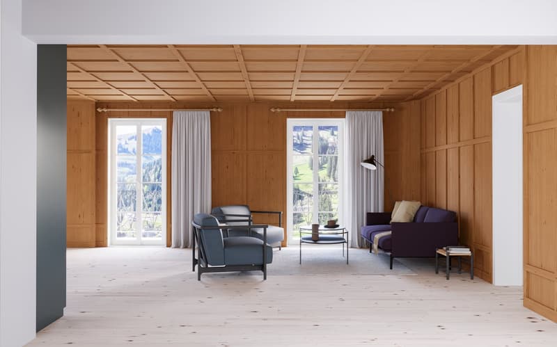 Wooden paneled walls, glass windows, modern furniture, wooden floor, minimalistic design, view of mountains