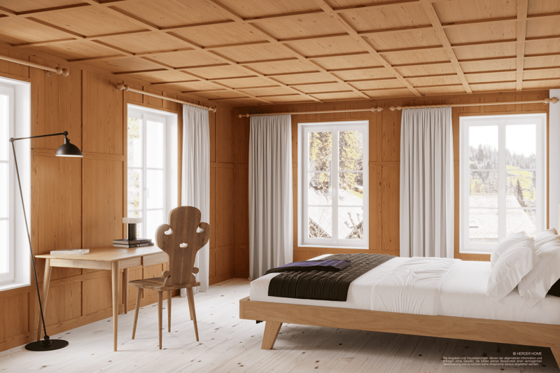 wooden desk, wooden chair, wooden bed, hardwood floor, natural light