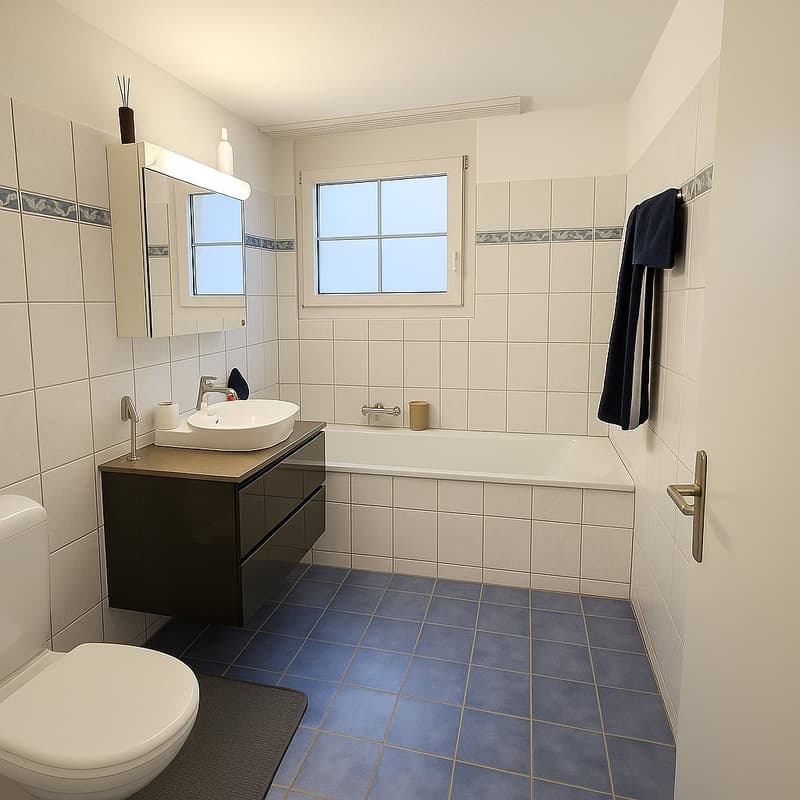 modern white and blue bathroom with tiled floor, bathtub, toilet, mirror, sink, countertop, towel rack