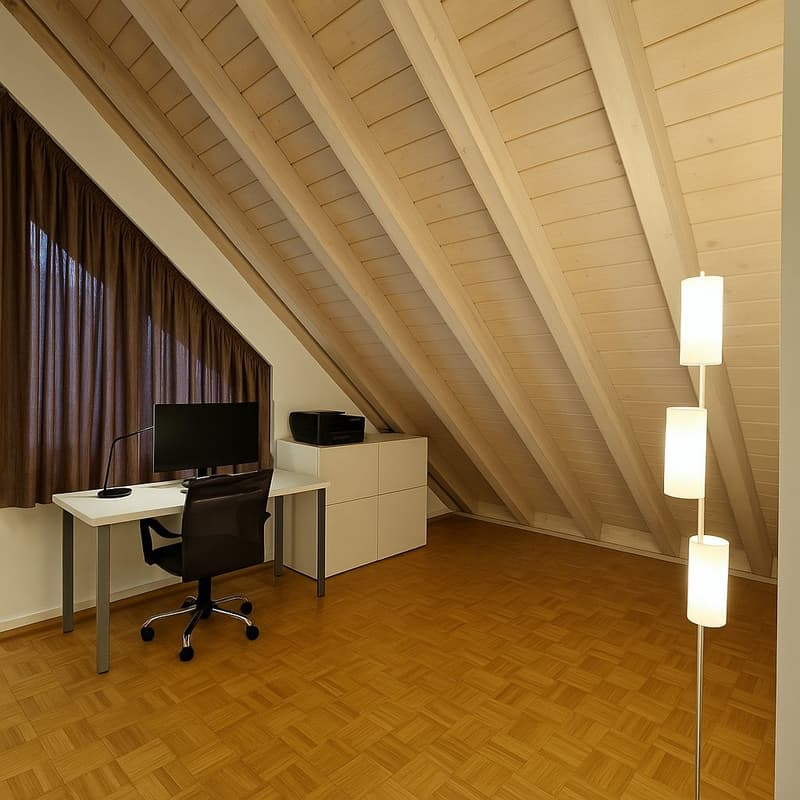 Office desk, monitor, lamp, black chair, printer, white cabinet, wooden parquet flooring, lamps, beige ceiling