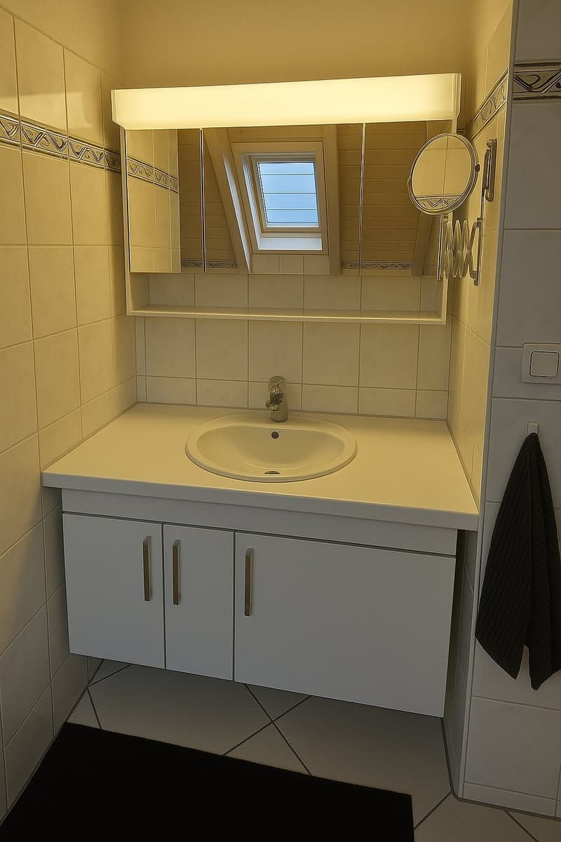 modern bathroom with white tiles, vanity, and sink with faucet, mirror above vanity, and an attic window