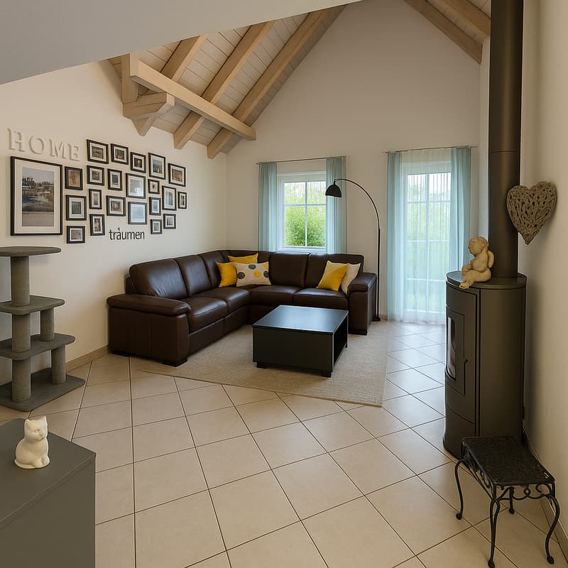 living room with fireplace, sofa, coffee table, cat sculptures, picture frames on wall, window with blue curtains