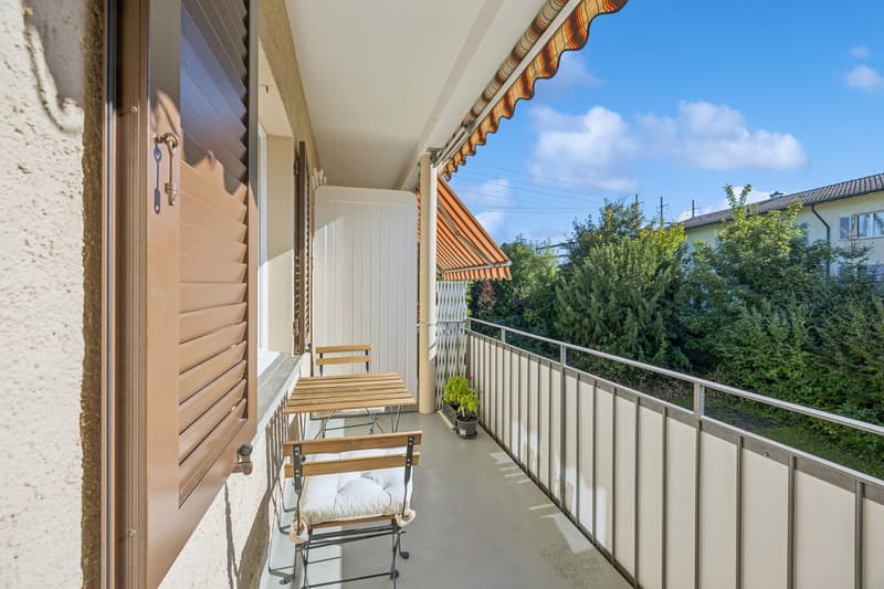 Balcony with table and chairs, metal railing, potted plants, awning