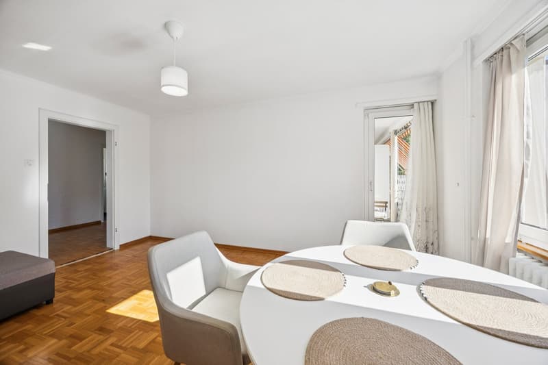 dining room, white walls, wooden floor, dining table, chairs, lamps, large windows
