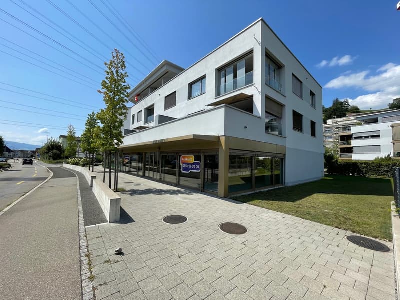 Modern white building, glass windows, balcony, signboard, paved sidewalk, grassy area, trees, street