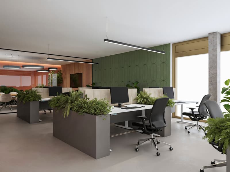 modern office with green walls, white ceiling, white desks, black chairs, plants, monitors, keyboards, mice, lamps