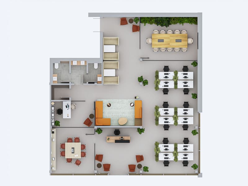 Open office layout with multiple desks, meeting rooms, lounge area, and plants