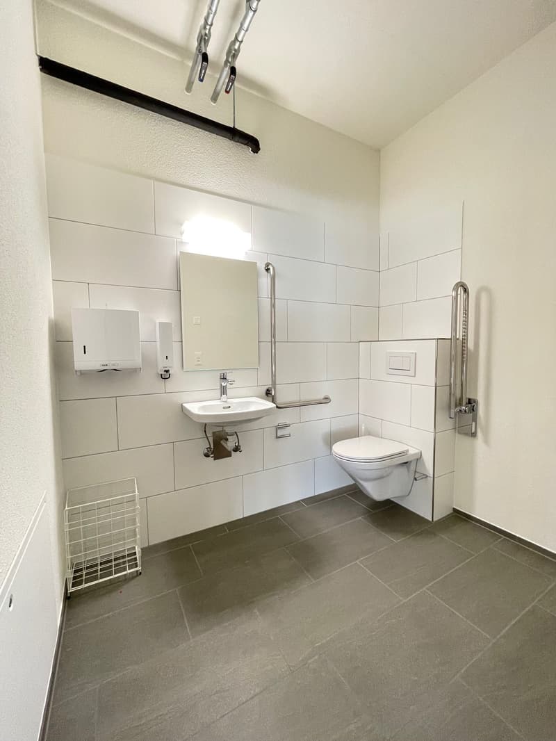 Bathroom with white tiles, white sink, white toilet, mirror, and handrails