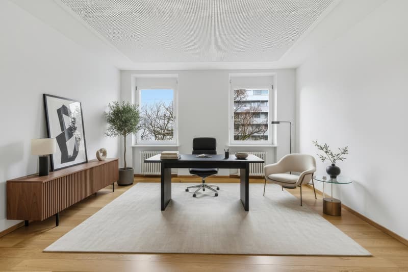 modern office room with wooden floor, white walls, large windows, desk, chair, cabinet, plants, lamp, rug