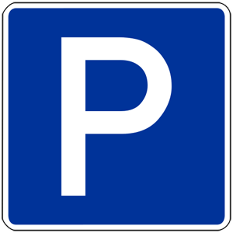 Blue square sign with a white 'P' symbol, indicating a parking area or parking lot.