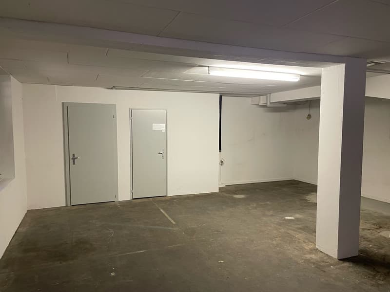 This image shows a basement or storage room with concrete floors, white walls, and two doors. The room appears to be empty and has fluorescent lighting overhead.