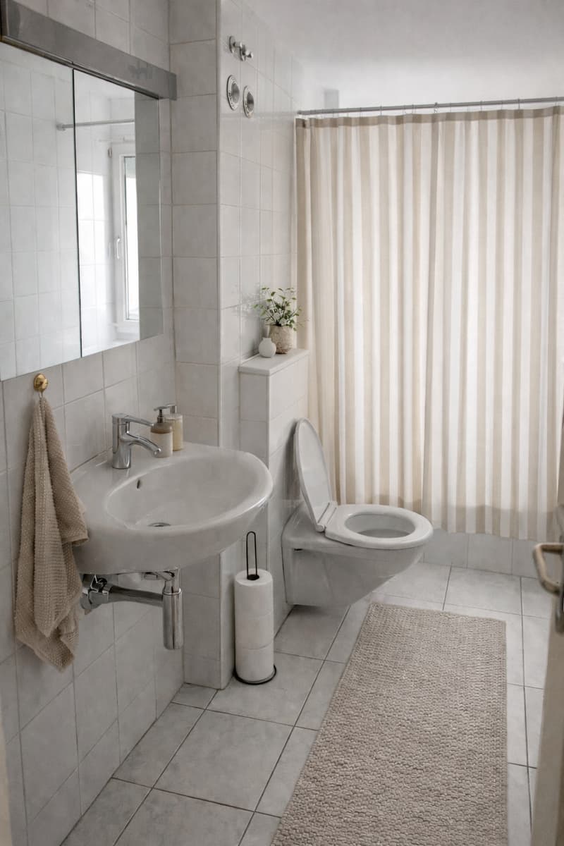 white tiled walls, white sink, toilet with cover up, shower curtain, towel hanging on wall