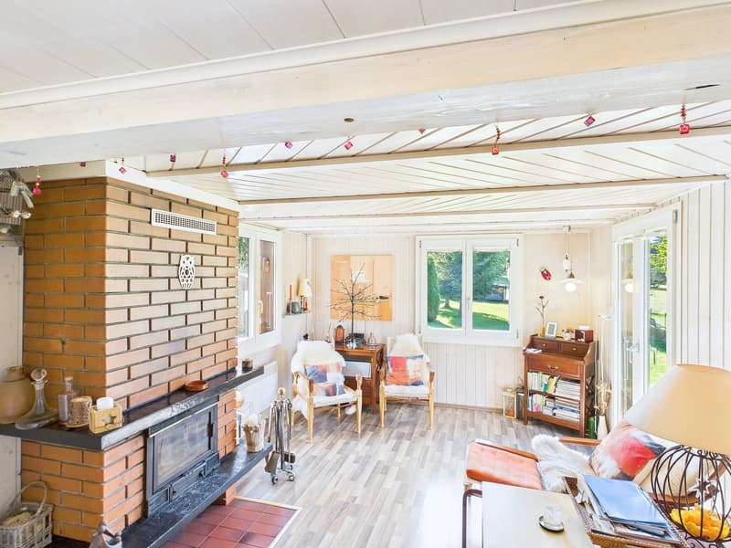 living room, fireplace, wooden floor, glass windows, wooden desk, white walls, chairs, table, decorative items, shelves