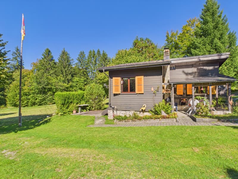 Wooden house, grey exterior, orange shutters, covered porch, green lawn, trees, flag pole