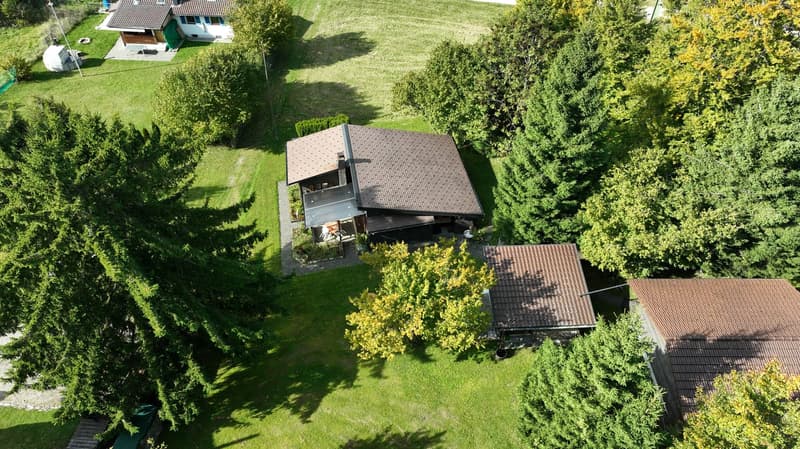 2-story house, brown roof, large yard, trees, detached house, small house
