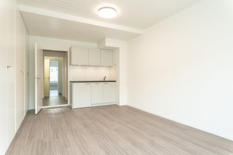empty room, white walls, wooden floor, kitchen area with sink and cabinets, open door