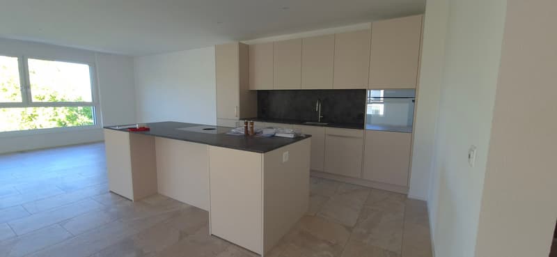 modern kitchen with island, white cabinets, black countertops, stainless steel sink, faucet, large window