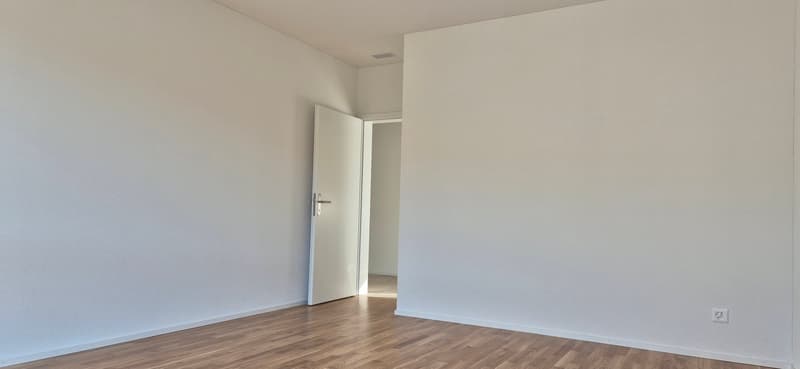 empty room, white walls, wooden floor, open door, power outlet
