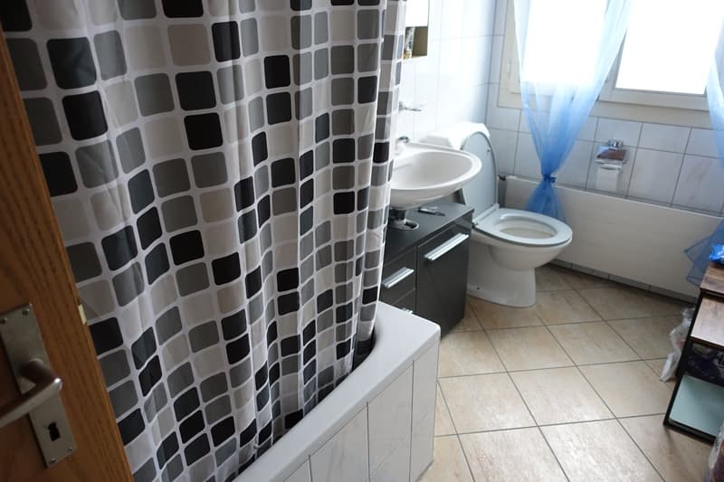 Tiled floor, patterned shower curtain, vanity cabinet, toilet, sink