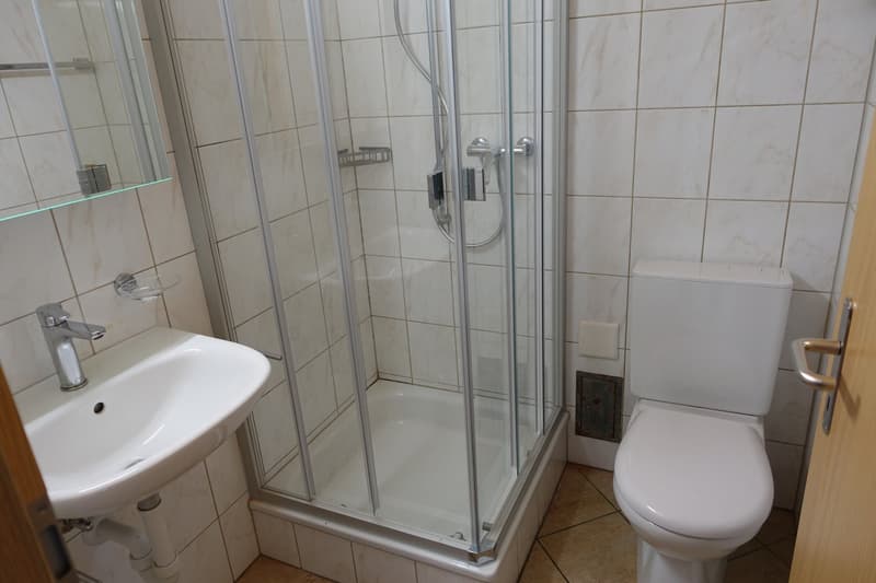 Tiled bathroom with a glass shower enclosure, a sink, and a toilet. The bathroom appears to have a private washing machine.