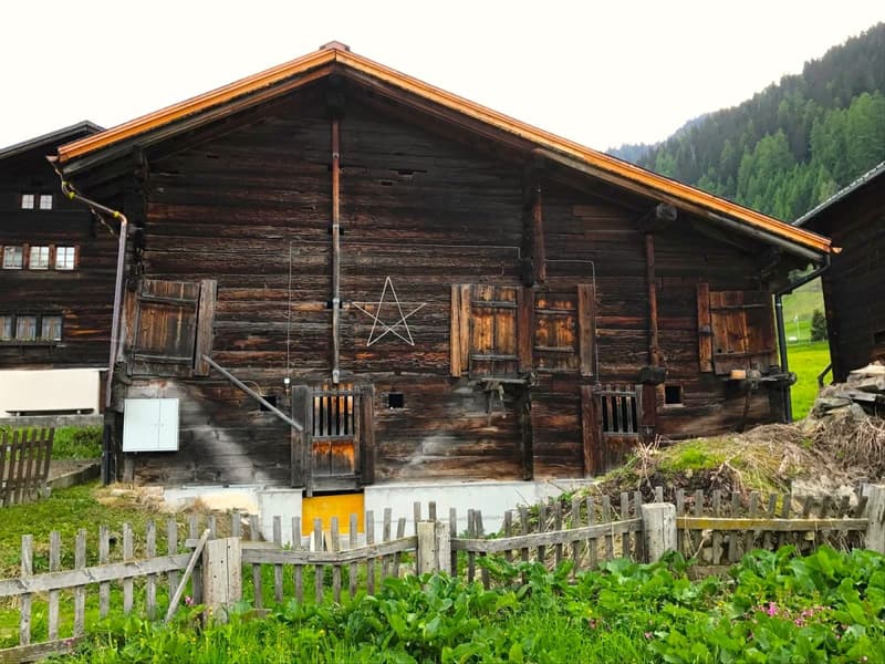 old wooden house, multiple doors and windows, wooden fences, surrounded by green field and trees