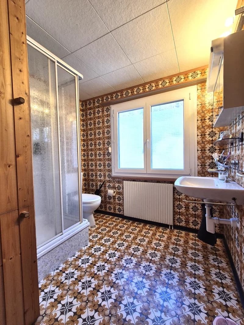 The image shows a bathroom with a patterned tile floor, a vanity with a sink, and a shower enclosure. The walls are covered in a decorative tile pattern. The room has a wooden ceiling and appears to be well-lit.