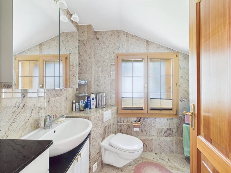 Spacious bathroom with marble walls, large vanity sink, toilet, and windows providing natural light