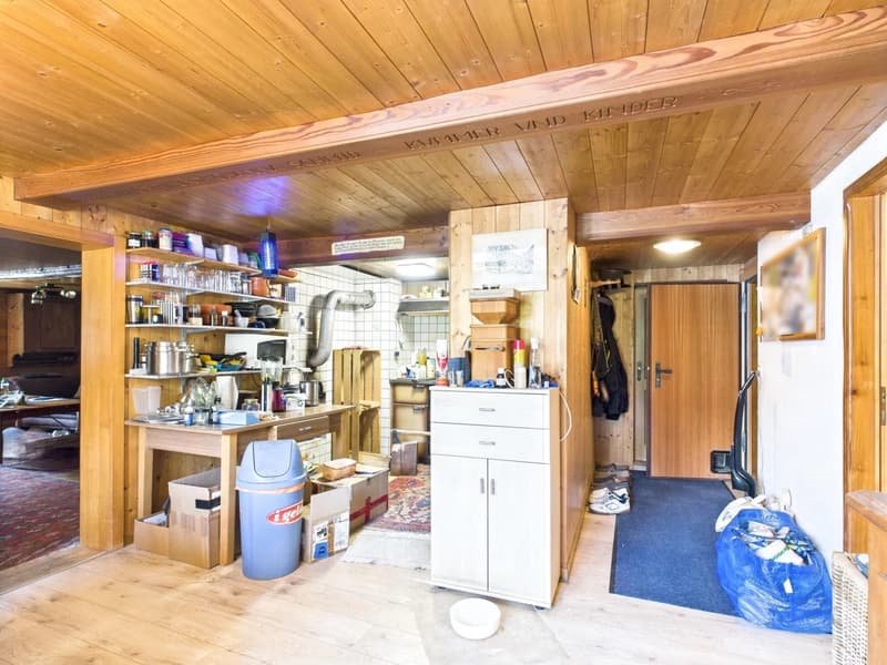 The image shows a cluttered utility room or storage space with a wooden ceiling and walls. It contains various shelves, cabinets, and storage containers filled with household items, appliances, and other miscellaneous objects. A washing machine is visible