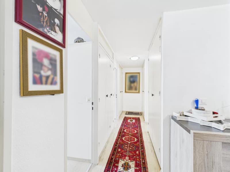 The image shows a hallway with white walls, a red and white patterned rug running down the center, and framed artwork hanging on the walls. There is a cabinet or storage unit visible at the end of the hallway.