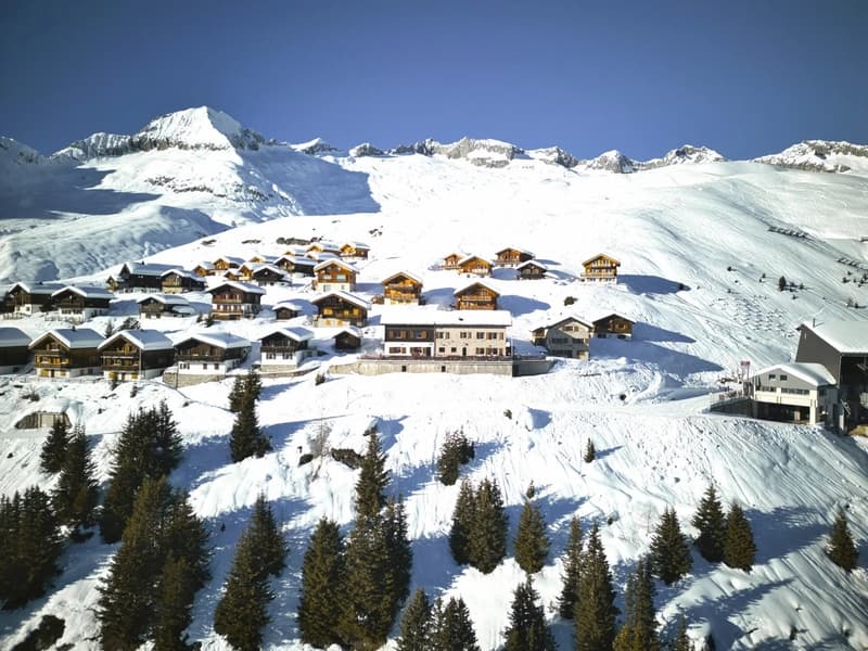 Mountain lodge buildings with wooden exteriors, surrounded by snow and pine trees