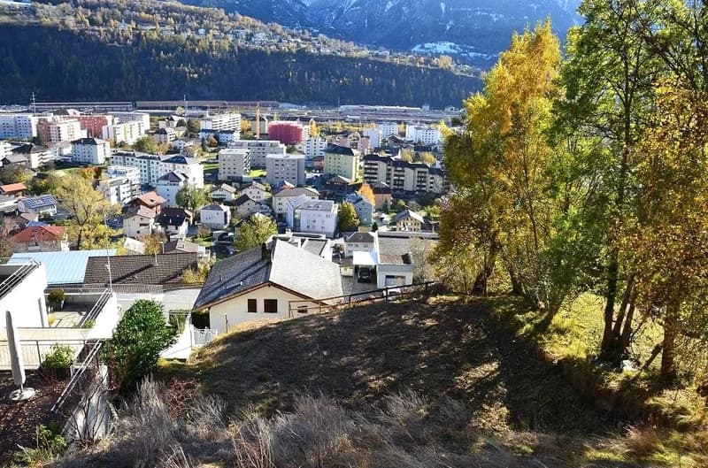 Town landscape, multiple houses, trees, mountains