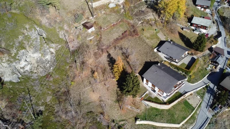aerial view of a residential area with multiple buildings, small trees, grass, and power lines
