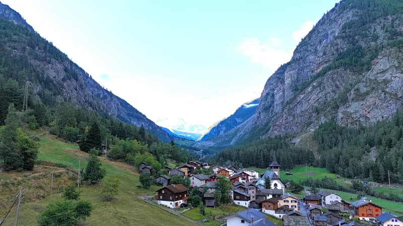small village nestled in a valley, surrounded by green meadows, trees, and rocky mountains