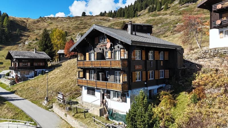 Detached chalet, wooden exterior, two floors, wooden balconies, large windows, chimneys