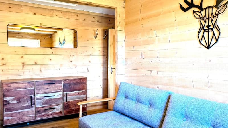 Blue sofa, wooden sideboard, wooden floor, wooden wall, mirror, deer wall art