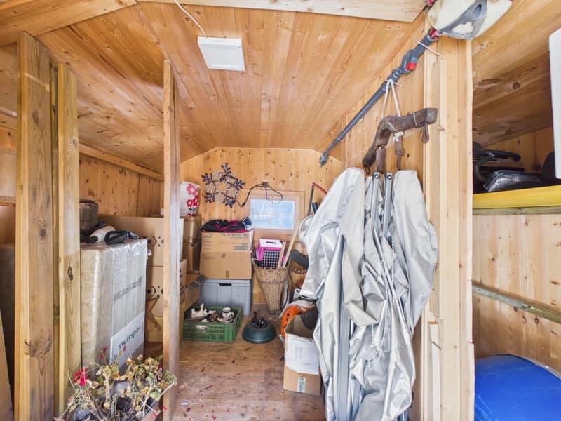 Storage room with wooden walls, storage boxes, baskets, jackets hanging on hooks, ceiling lamp, flower arrangement
