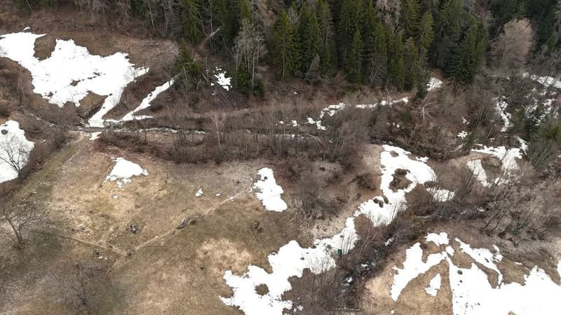 Aerial view of a garden with patches of snow, trees, and a small stream