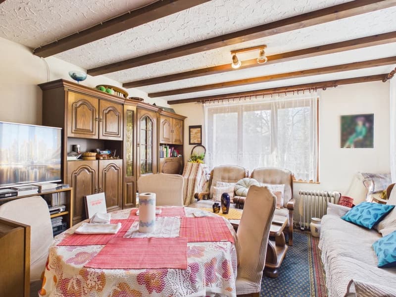 Dining room with a table, chairs, a cabinet, a TV, a radiator, and a window with curtains