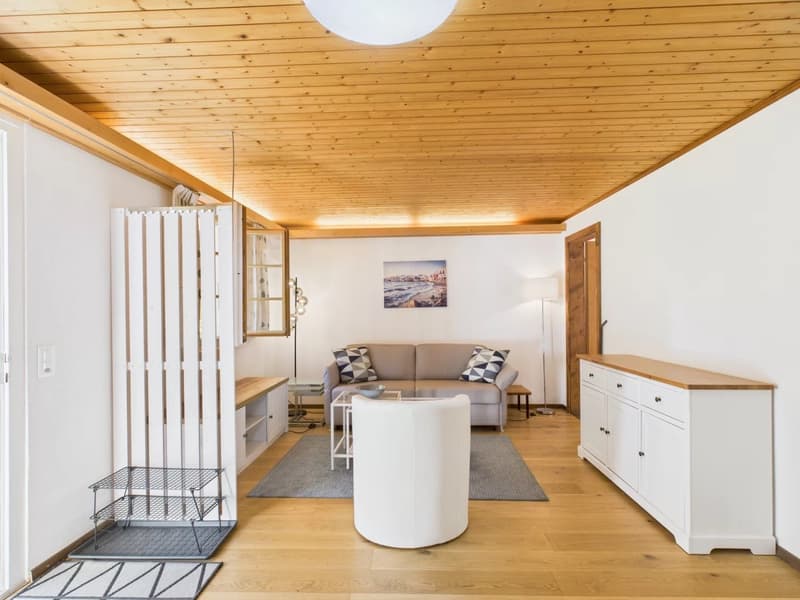 Living room with wooden ceiling, white walls, gray couch, white chair, gray rug, white cabinets, wooden floor, white ceiling light, picture frame, floor lamp, side table, bowl, and a small table.